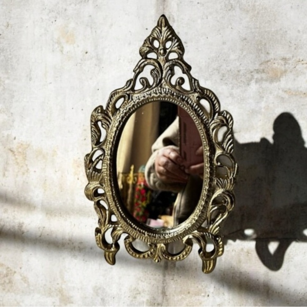 Ornate Vanity Mirror Oval metal Frame Scrollwork Tabletop Stand..
